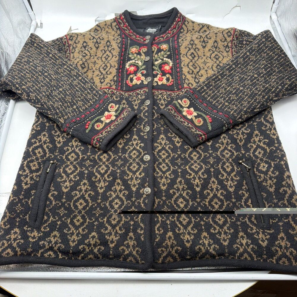 Icelandic Design Womens Button Up Wool Cardigan Jacket Size XL Floral Geometric